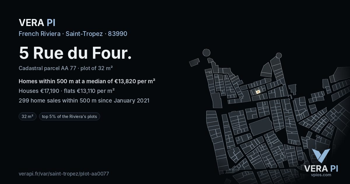 5 Rue du Four, Saint-Tropez at night – the plot lit, the parcels around coloured by the prices near them