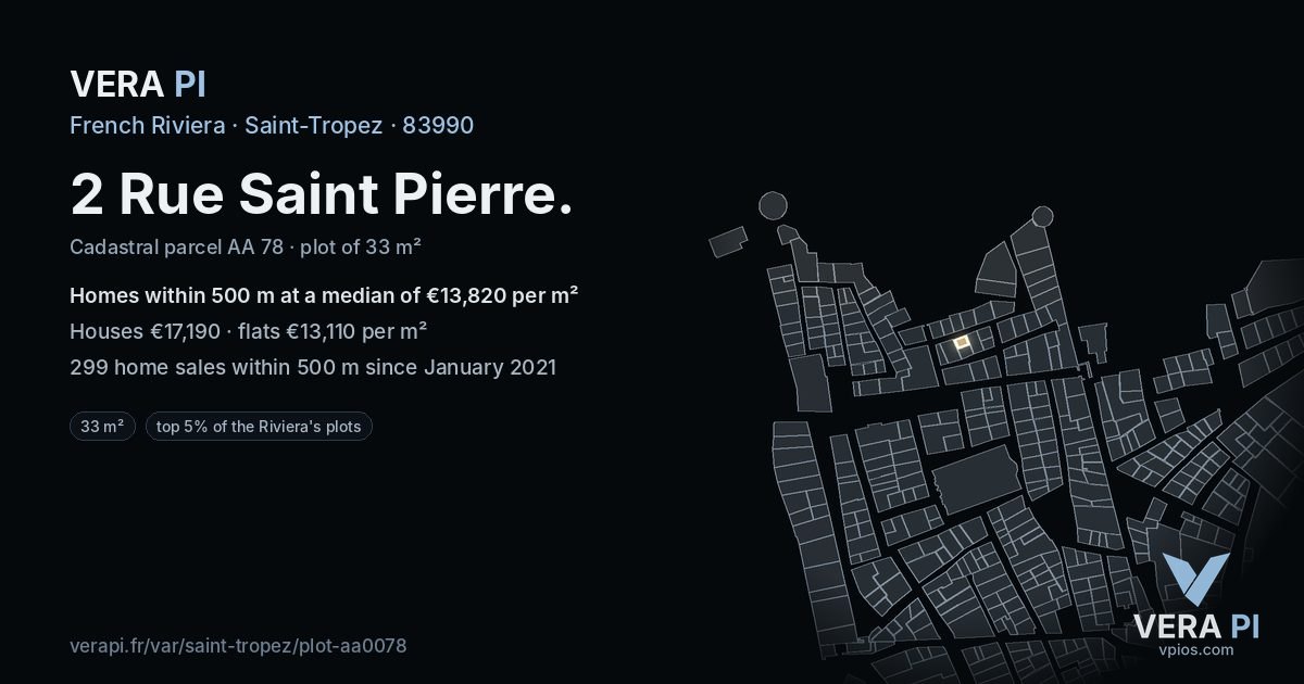 2 Rue Saint Pierre, Saint-Tropez at night – the plot lit, the parcels around coloured by the prices near them