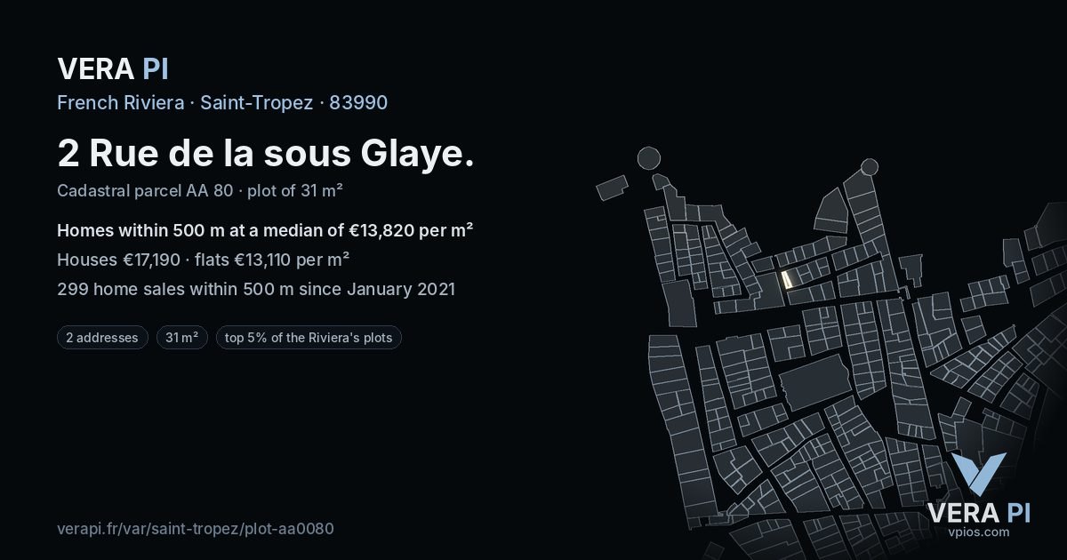 2 Rue de la sous Glaye, Saint-Tropez at night – the plot lit, the parcels around coloured by the prices near them