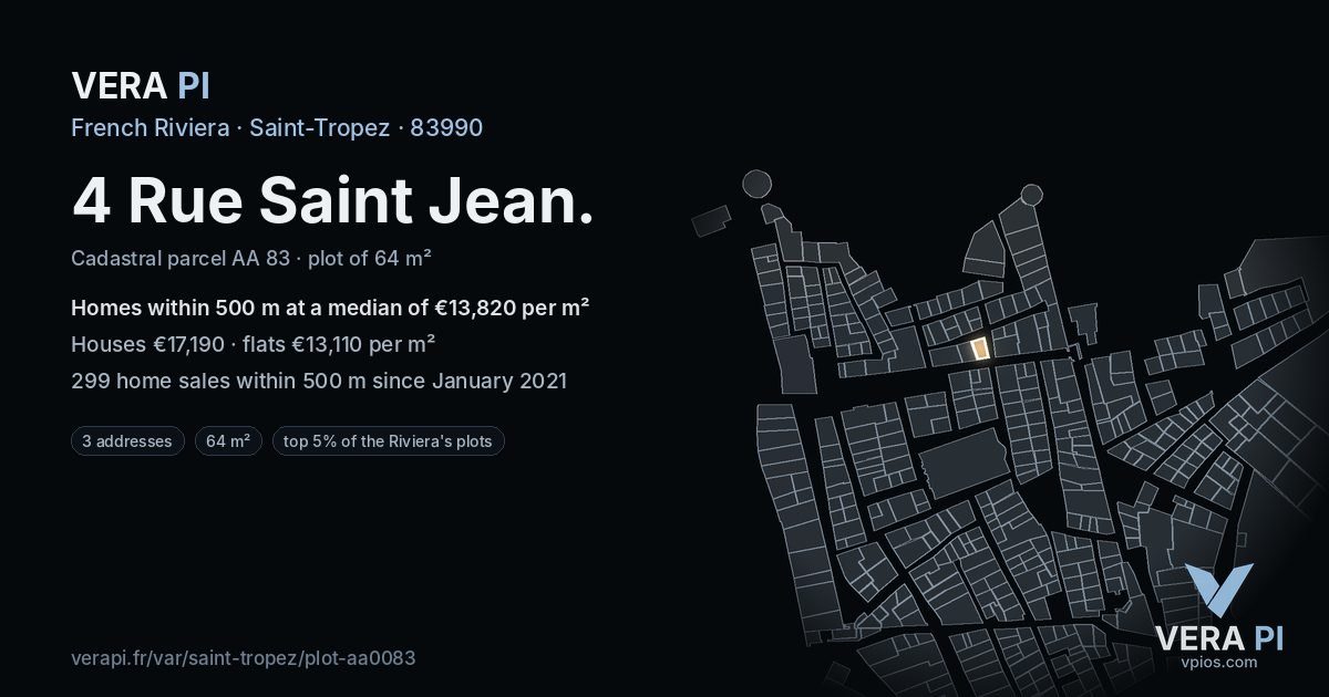 4 Rue Saint Jean, Saint-Tropez at night – the plot lit, the parcels around coloured by the prices near them
