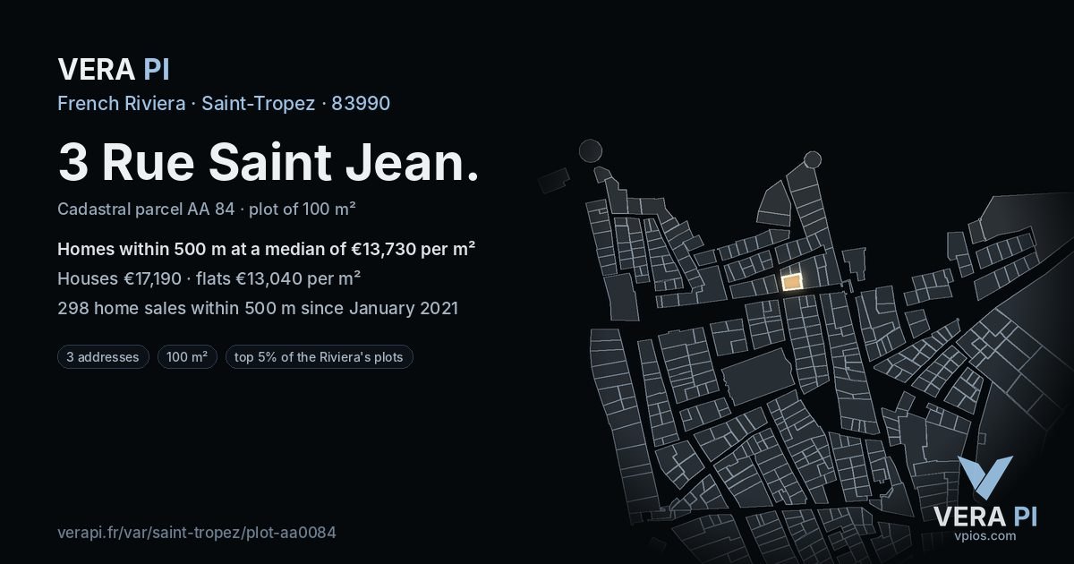 3 Rue Saint Jean, Saint-Tropez at night – the plot lit, the parcels around coloured by the prices near them