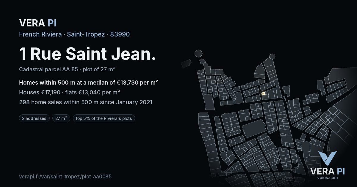 1 Rue Saint Jean, Saint-Tropez at night – the plot lit, the parcels around coloured by the prices near them