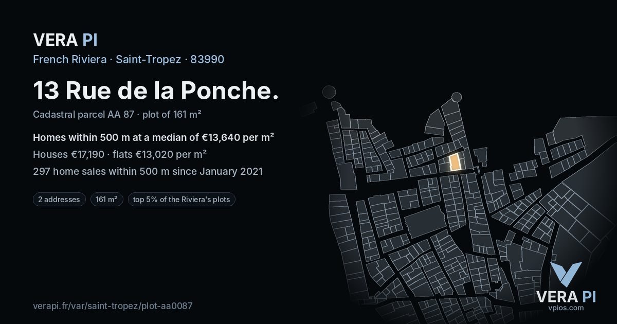 13 Rue de la Ponche, Saint-Tropez at night – the plot lit, the parcels around coloured by the prices near them