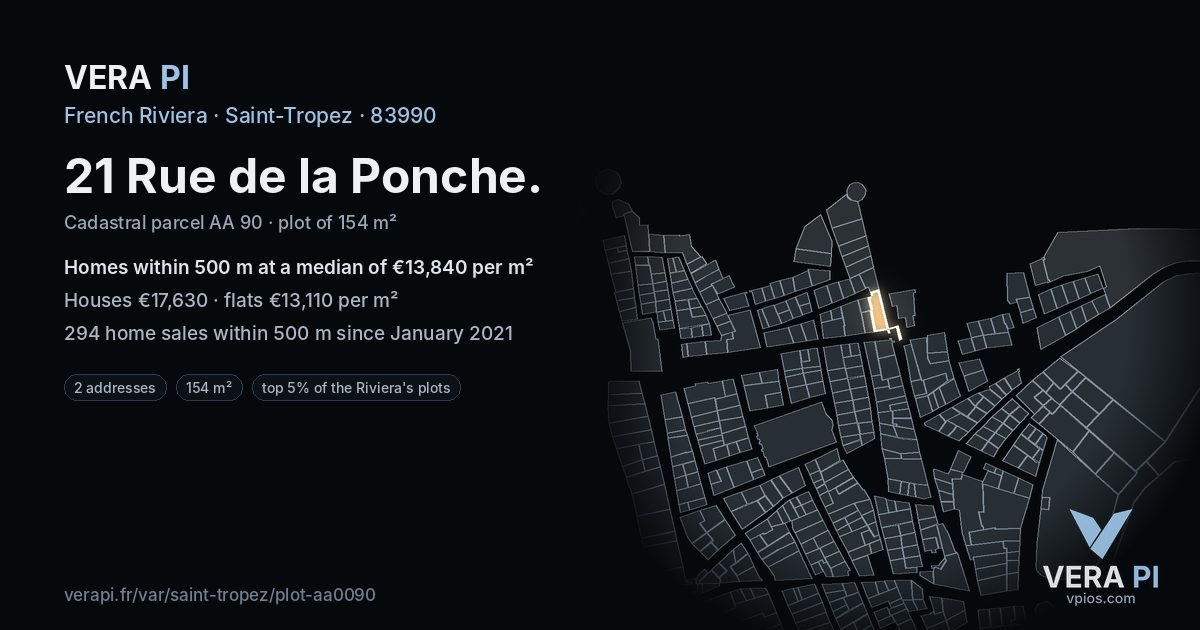 21 Rue de la Ponche, Saint-Tropez at night – the plot lit, the parcels around coloured by the prices near them