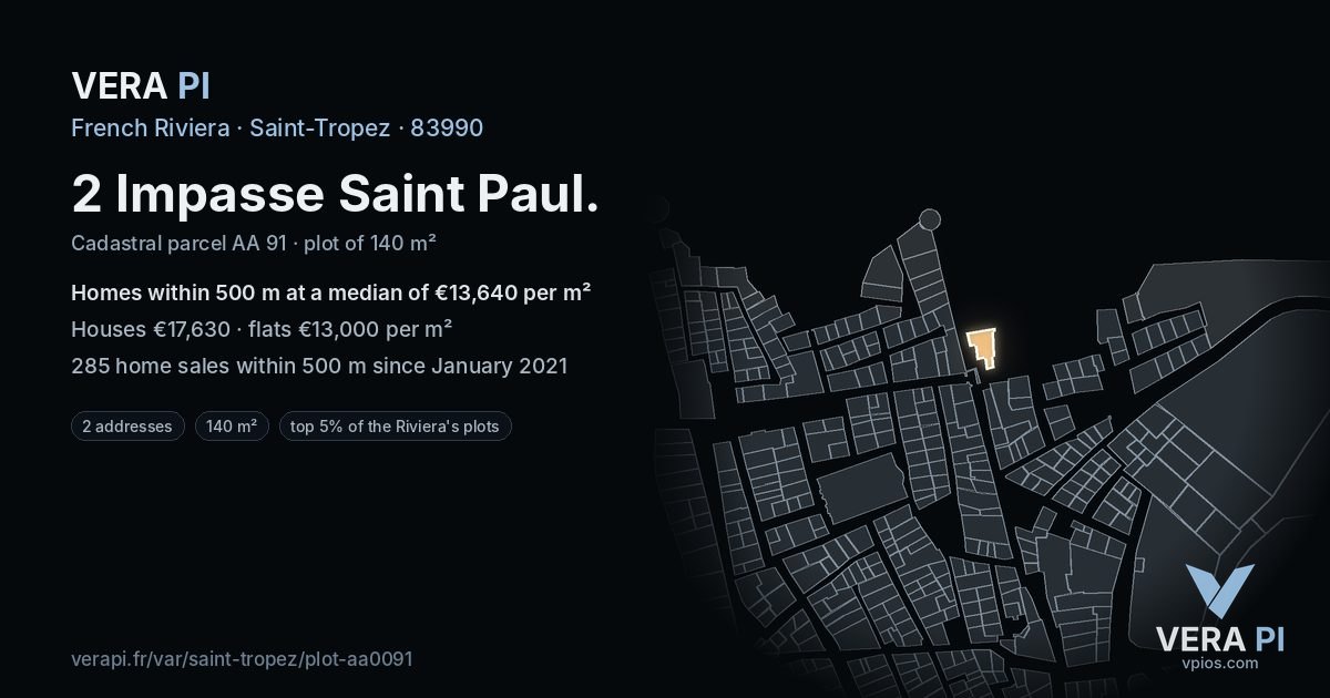 2 Impasse Saint Paul, Saint-Tropez at night – the plot lit, the parcels around coloured by the prices near them