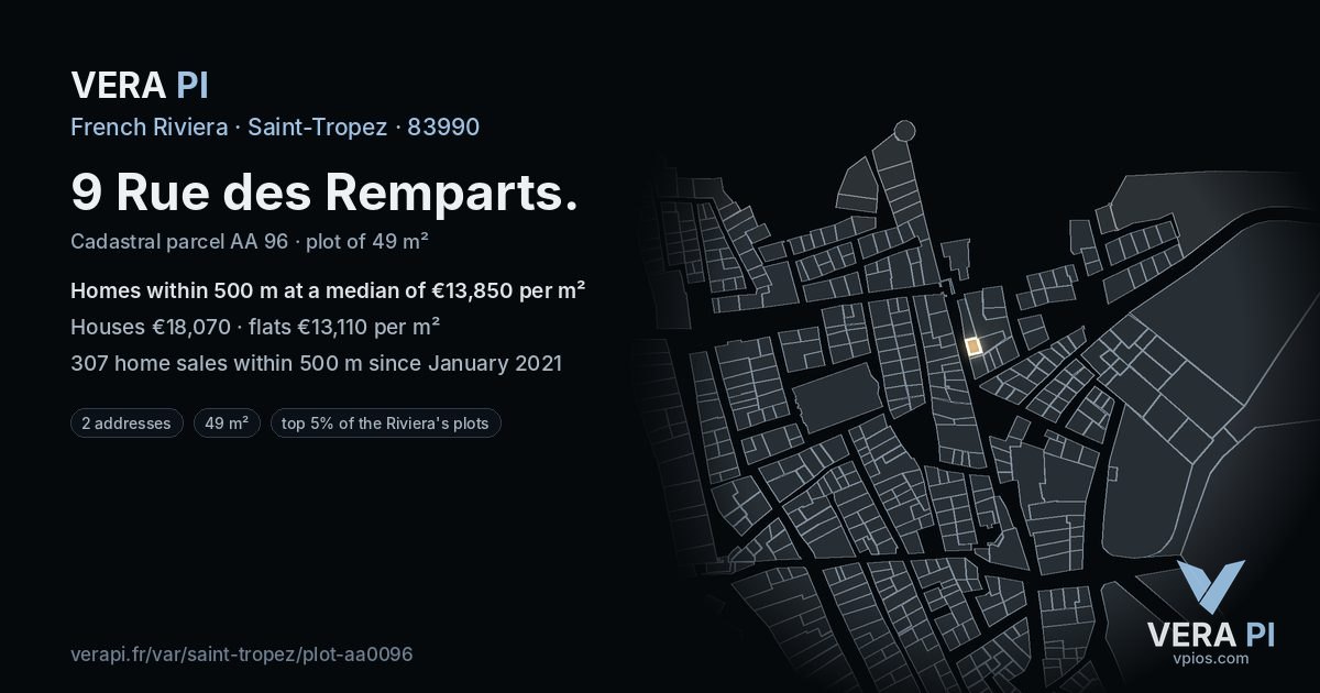 9 Rue des Remparts, Saint-Tropez at night – the plot lit, the parcels around coloured by the prices near them