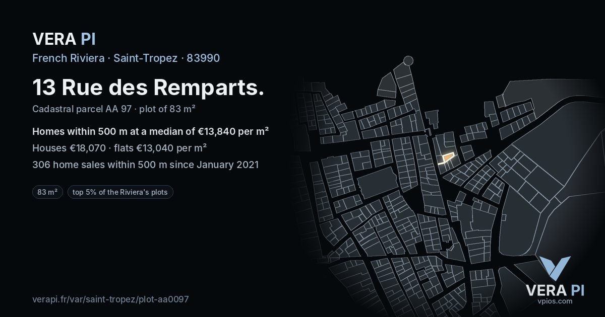 13 Rue des Remparts, Saint-Tropez at night – the plot lit, the parcels around coloured by the prices near them