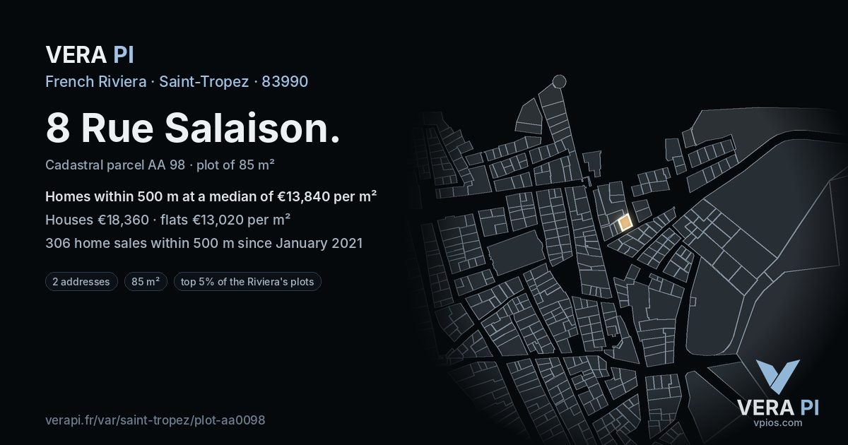 8 Rue Salaison, Saint-Tropez at night – the plot lit, the parcels around coloured by the prices near them