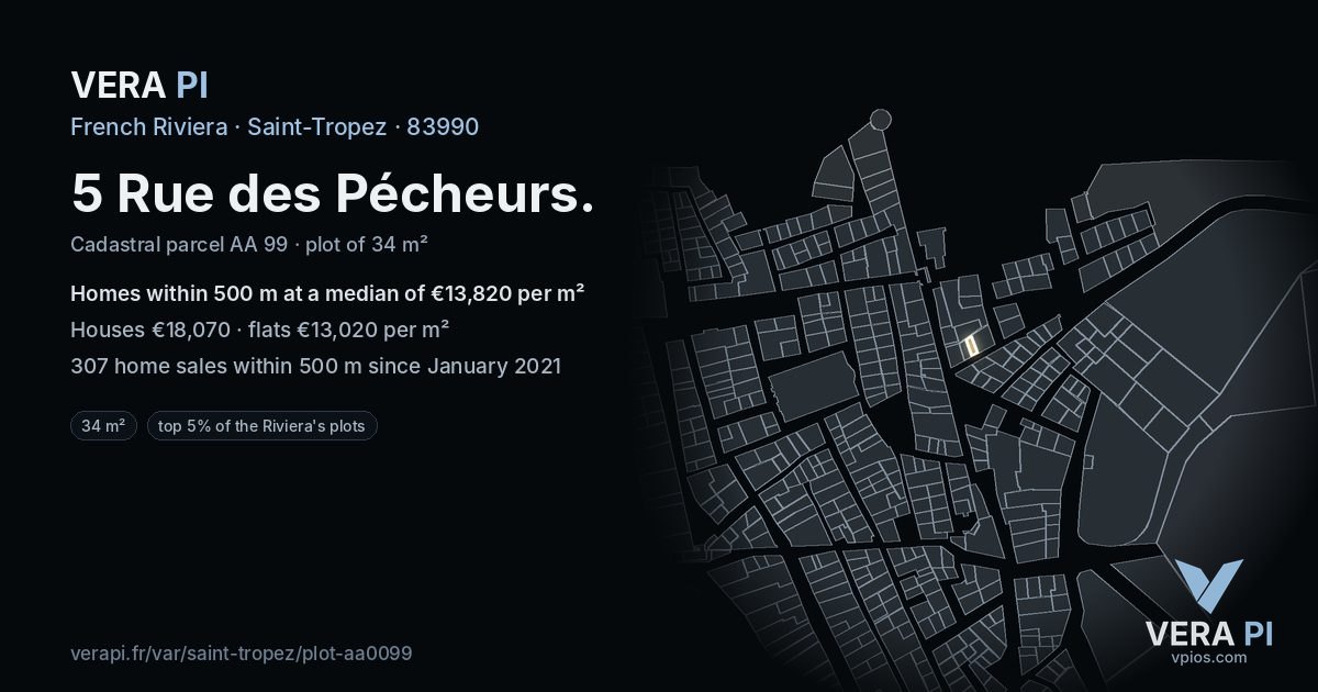 5 Rue des Pécheurs, Saint-Tropez at night – the plot lit, the parcels around coloured by the prices near them