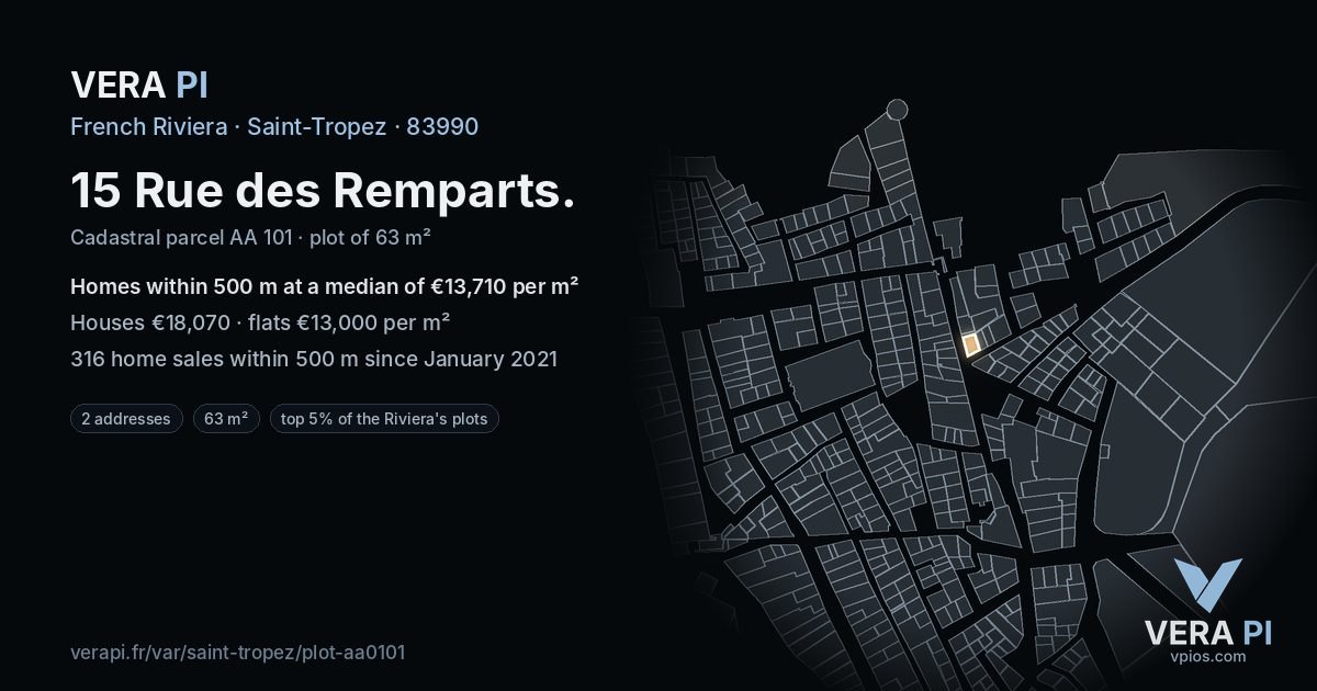 15 Rue des Remparts, Saint-Tropez at night – the plot lit, the parcels around coloured by the prices near them