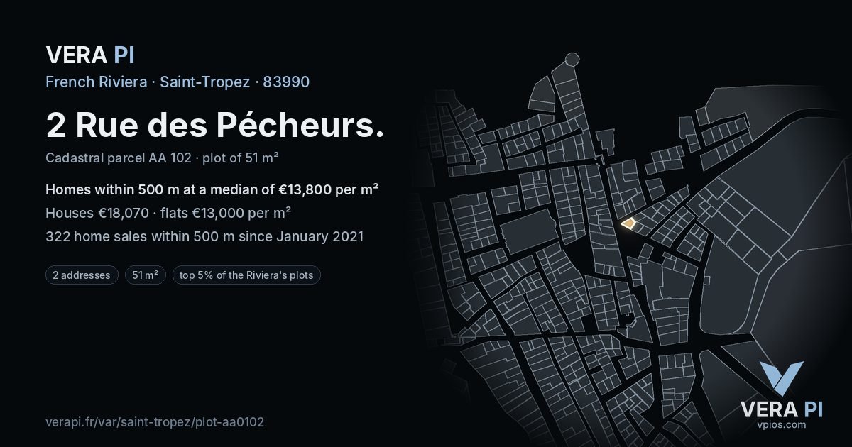 2 Rue des Pécheurs, Saint-Tropez at night – the plot lit, the parcels around coloured by the prices near them