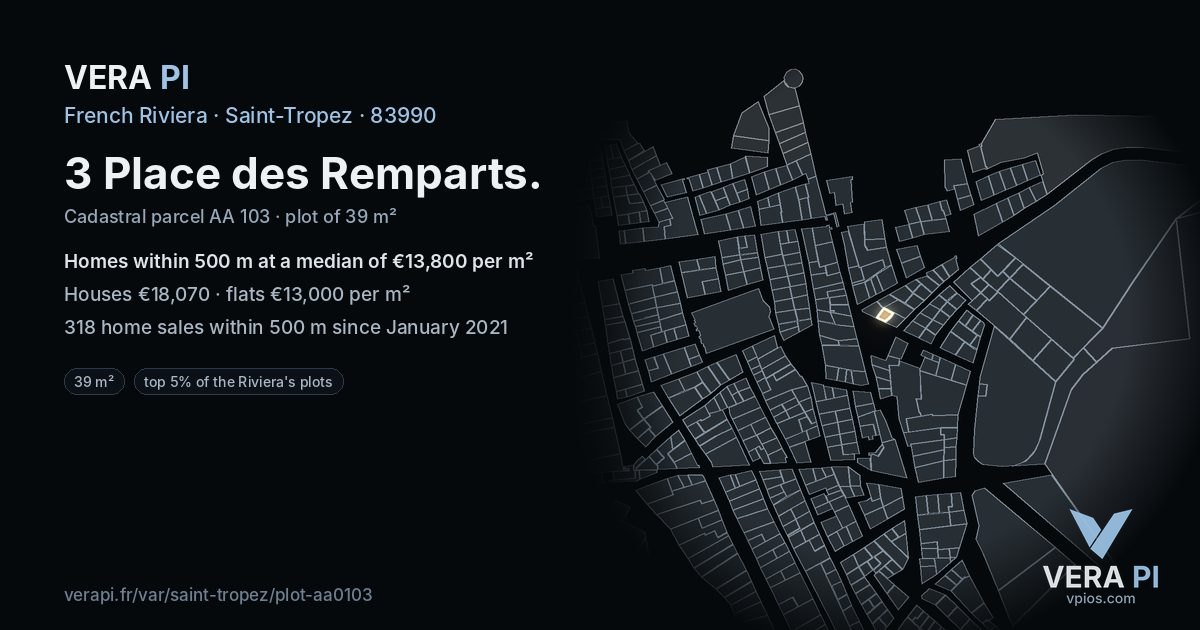 3 Place des Remparts, Saint-Tropez at night – the plot lit, the parcels around coloured by the prices near them