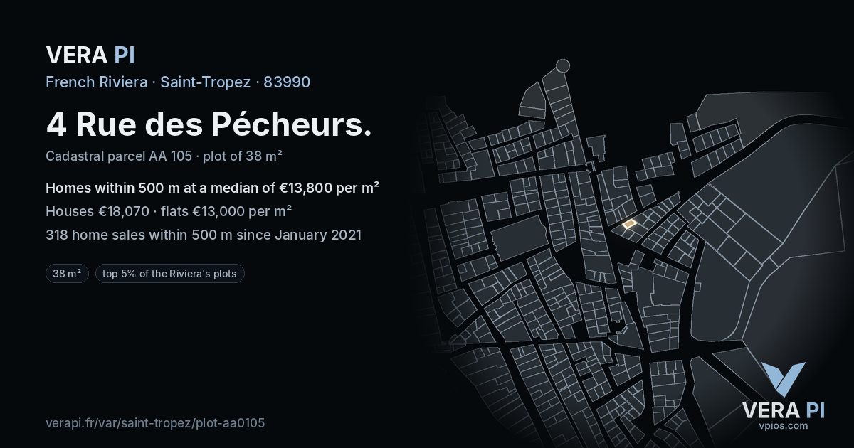 4 Rue des Pécheurs, Saint-Tropez at night – the plot lit, the parcels around coloured by the prices near them