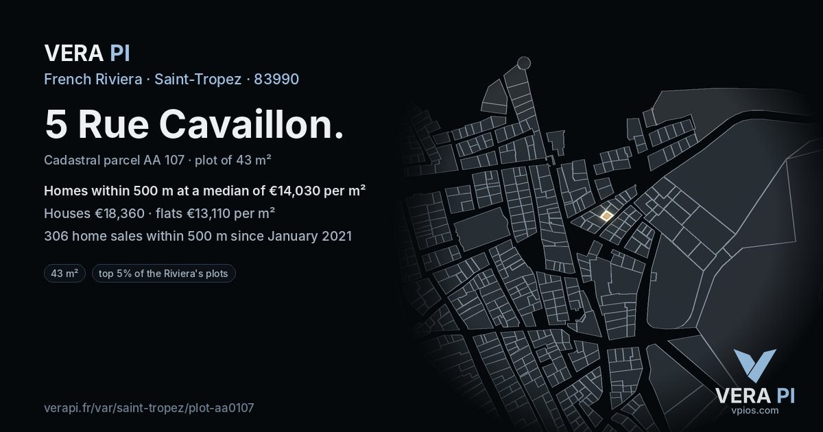 5 Rue Cavaillon, Saint-Tropez at night – the plot lit, the parcels around coloured by the prices near them