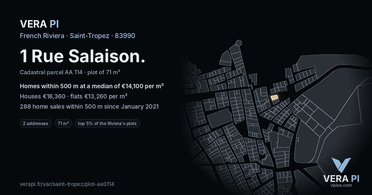 1 Rue Salaison, Saint-Tropez at night – the plot lit, the parcels around coloured by the prices near them