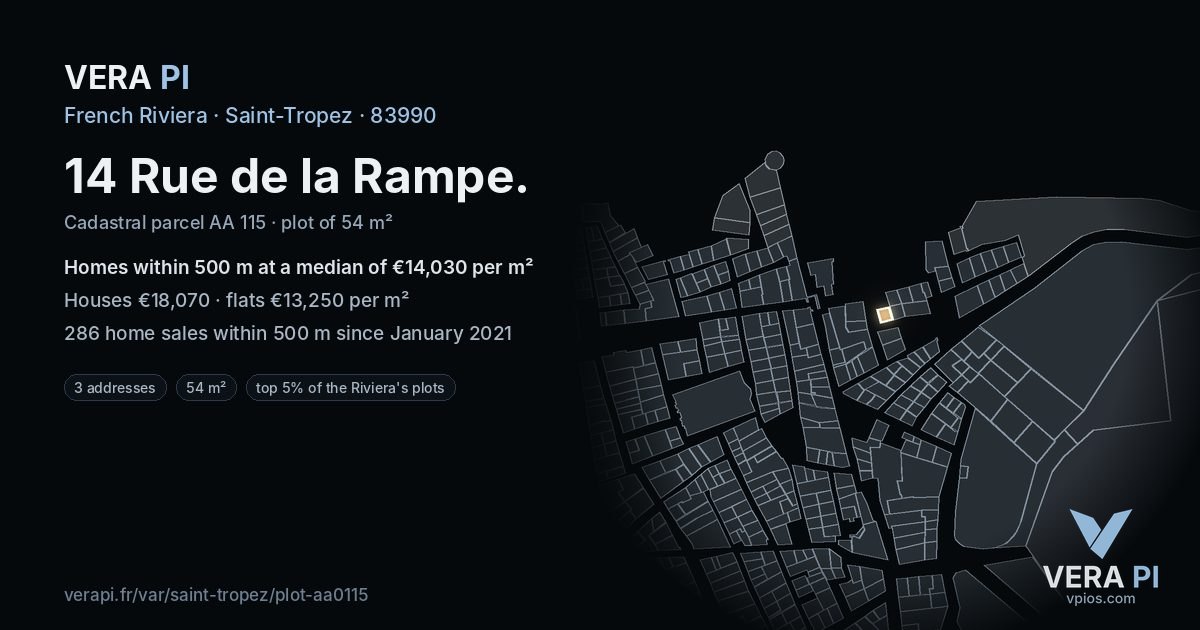 14 Rue de la Rampe, Saint-Tropez at night – the plot lit, the parcels around coloured by the prices near them