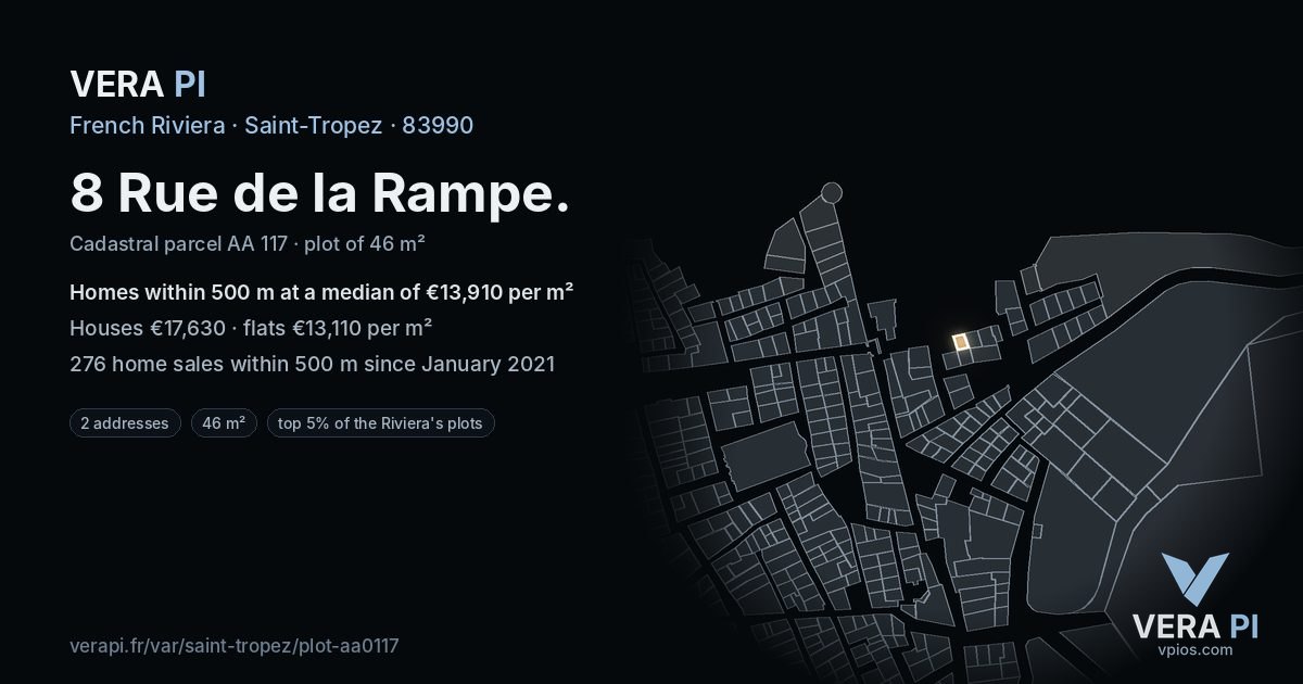 8 Rue de la Rampe, Saint-Tropez at night – the plot lit, the parcels around coloured by the prices near them