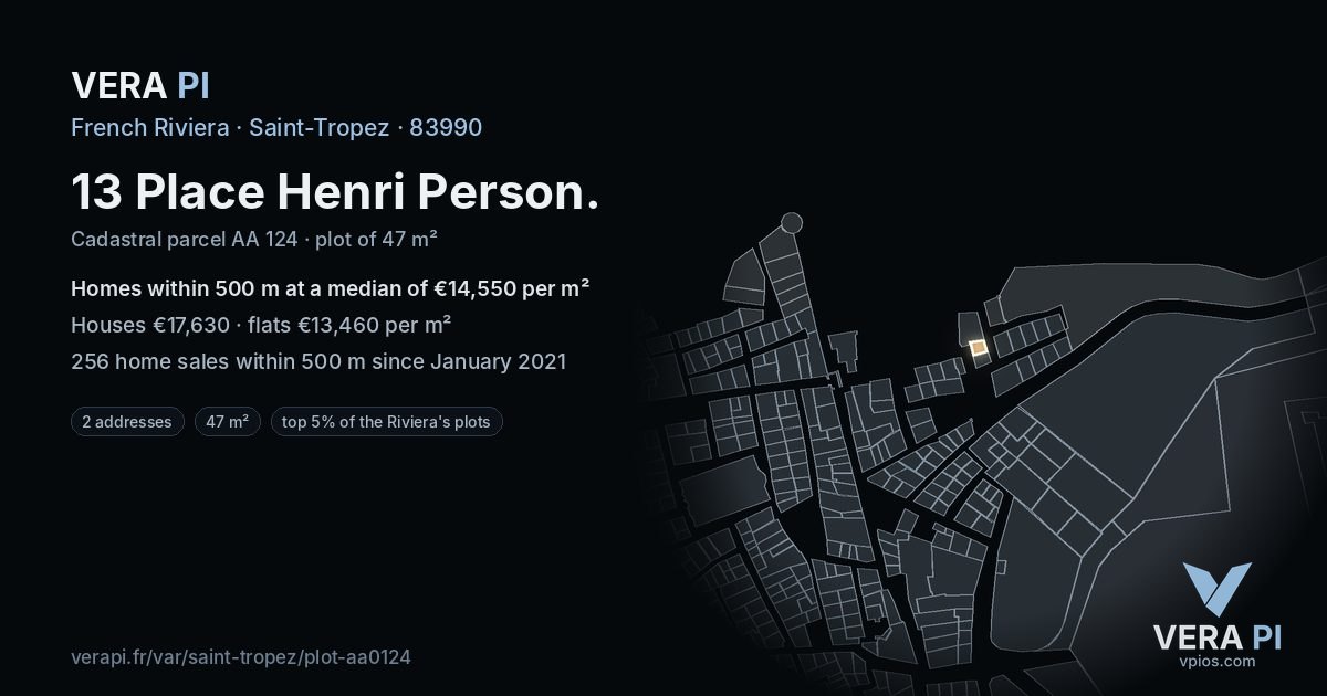13 Place Henri Person, Saint-Tropez at night – the plot lit, the parcels around coloured by the prices near them