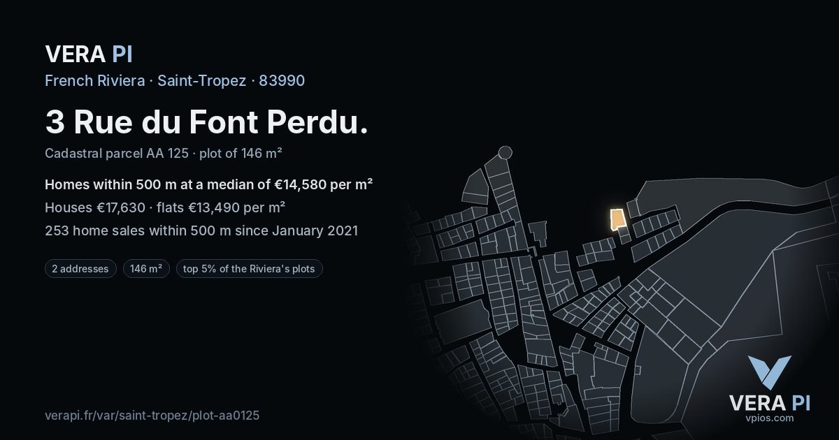 3 Rue du Font Perdu, Saint-Tropez at night – the plot lit, the parcels around coloured by the prices near them