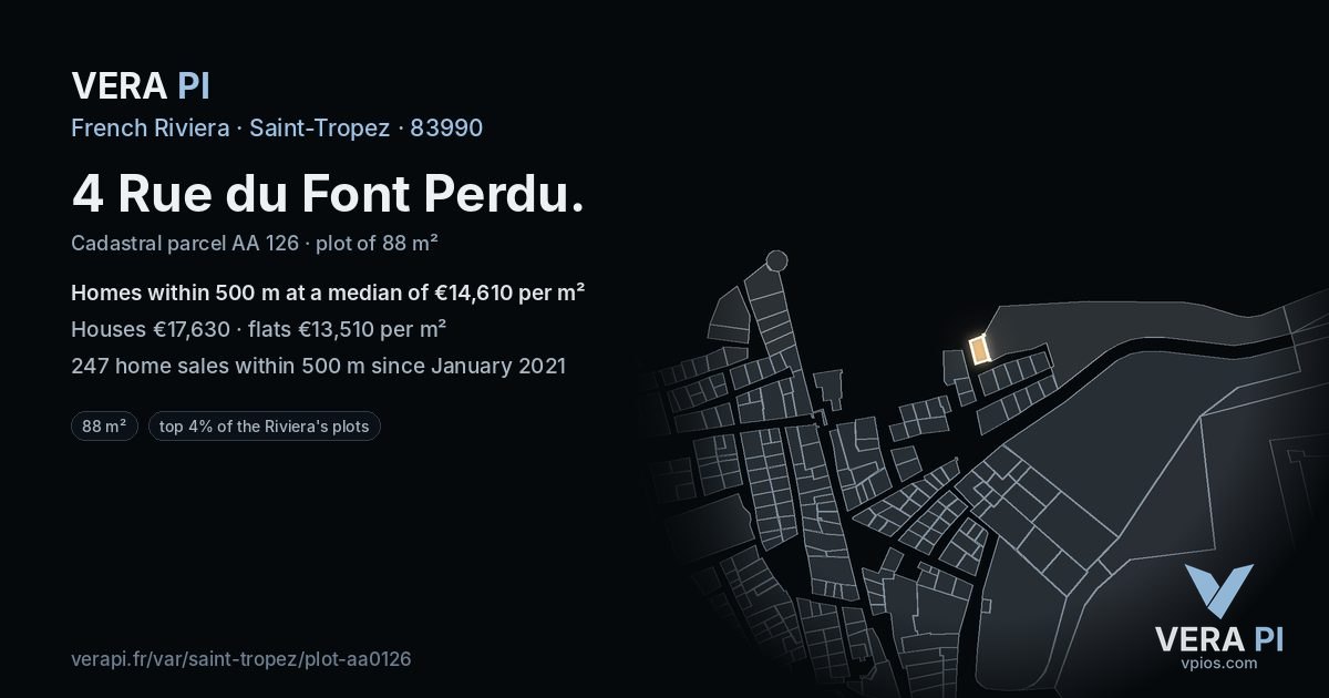 4 Rue du Font Perdu, Saint-Tropez at night – the plot lit, the parcels around coloured by the prices near them