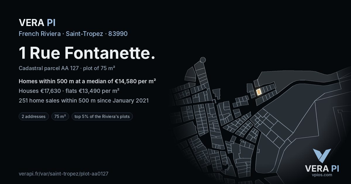 1 Rue Fontanette, Saint-Tropez at night – the plot lit, the parcels around coloured by the prices near them