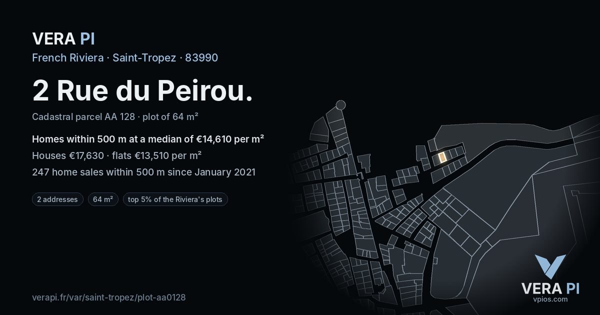 2 Rue du Peirou, Saint-Tropez at night – the plot lit, the parcels around coloured by the prices near them