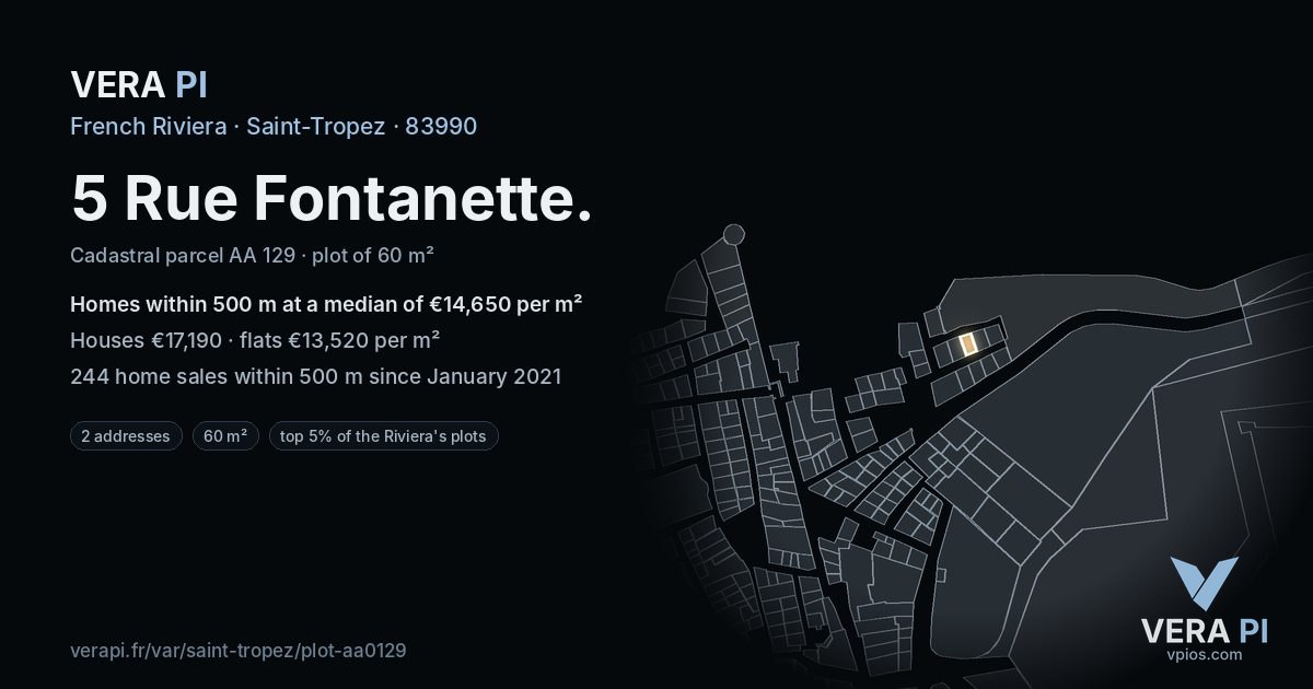 5 Rue Fontanette, Saint-Tropez at night – the plot lit, the parcels around coloured by the prices near them