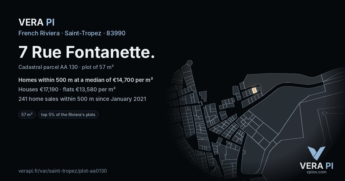 7 Rue Fontanette, Saint-Tropez at night – the plot lit, the parcels around coloured by the prices near them