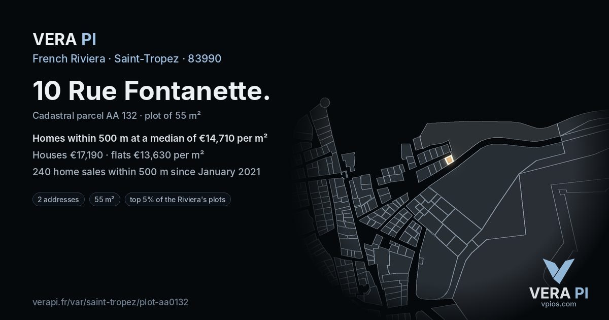 10 Rue Fontanette, Saint-Tropez at night – the plot lit, the parcels around coloured by the prices near them