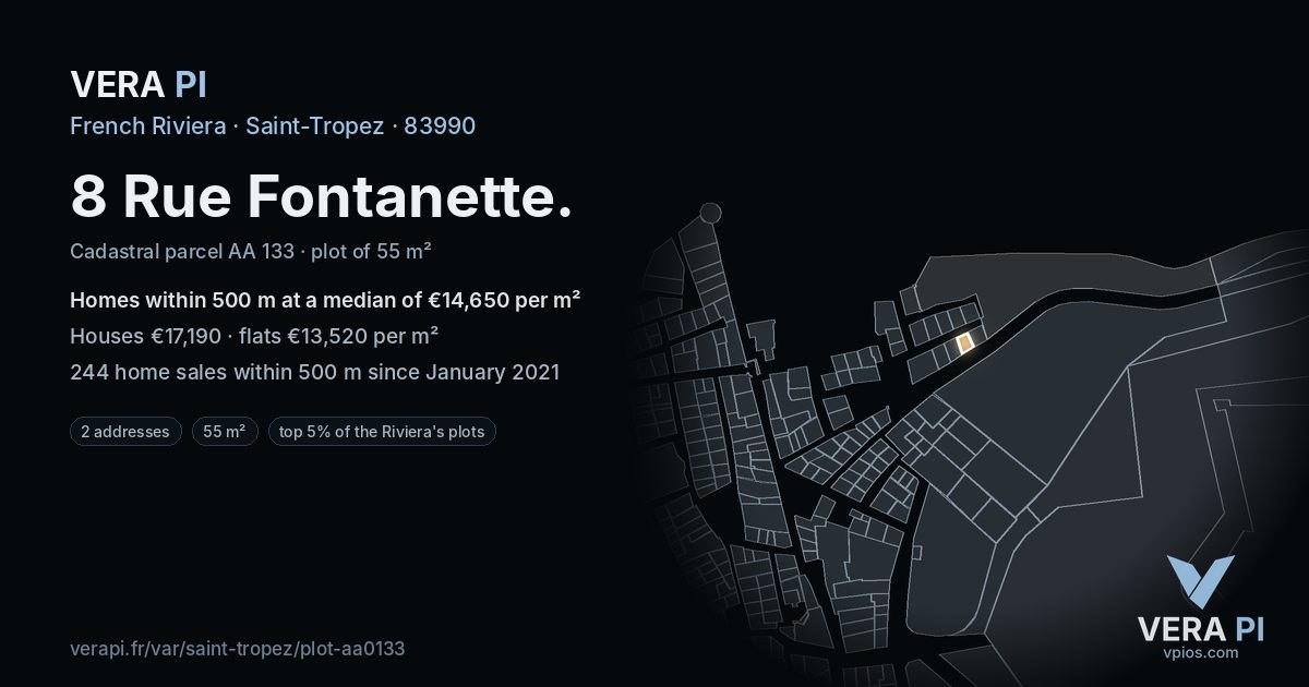 8 Rue Fontanette, Saint-Tropez at night – the plot lit, the parcels around coloured by the prices near them