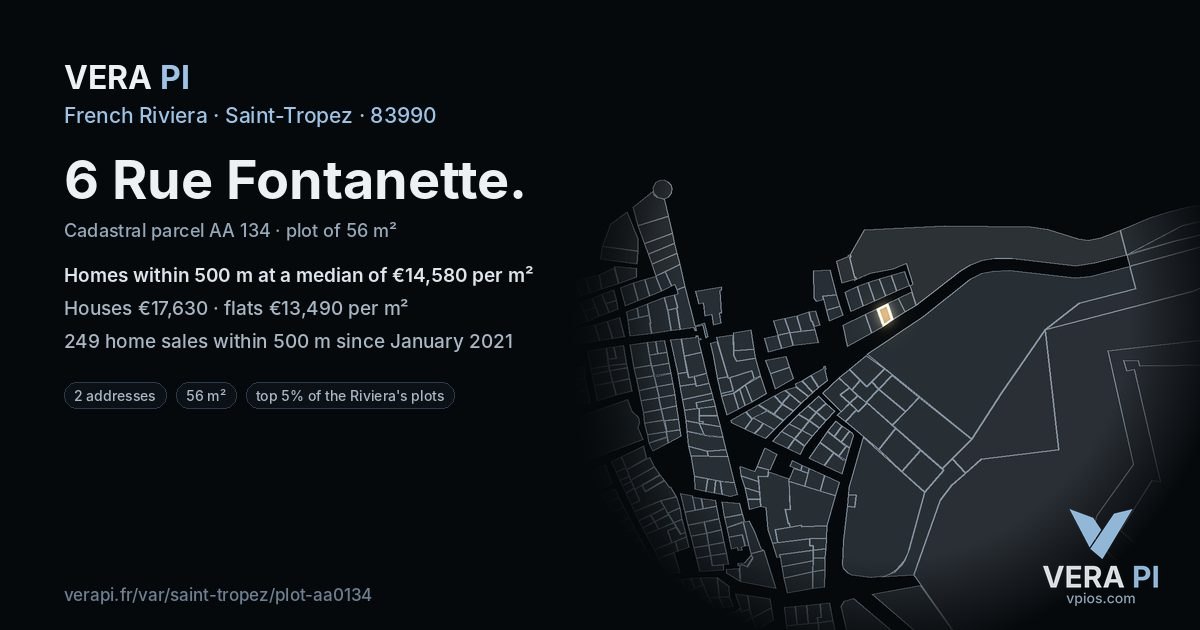 6 Rue Fontanette, Saint-Tropez at night – the plot lit, the parcels around coloured by the prices near them