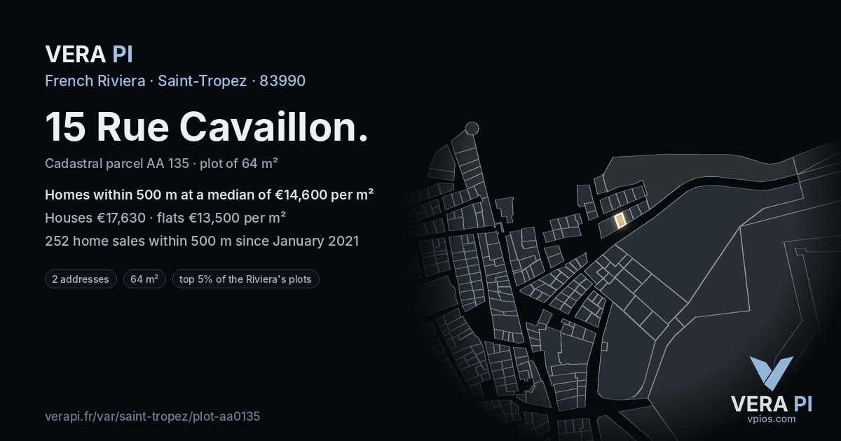 15 Rue Cavaillon, Saint-Tropez at night – the plot lit, the parcels around coloured by the prices near them