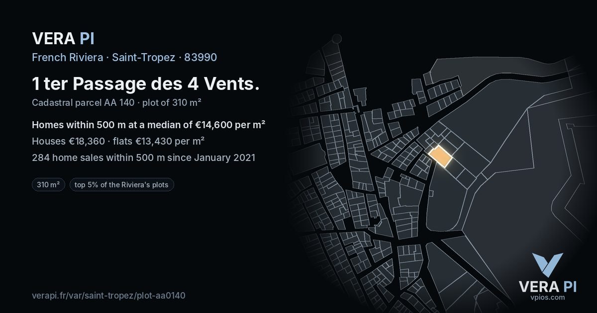 1 ter Passage des 4 Vents, Saint-Tropez at night – the plot lit, the parcels around coloured by the prices near them