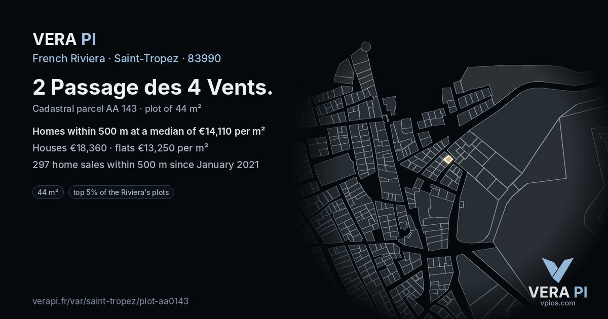 2 Passage des 4 Vents, Saint-Tropez at night – the plot lit, the parcels around coloured by the prices near them