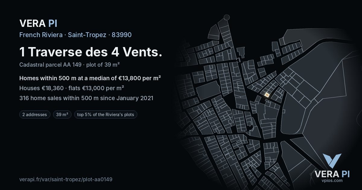 1 Traverse des 4 Vents, Saint-Tropez at night – the plot lit, the parcels around coloured by the prices near them
