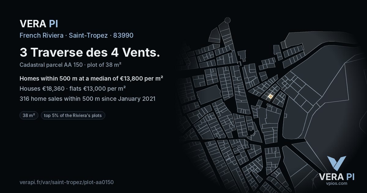 3 Traverse des 4 Vents, Saint-Tropez at night – the plot lit, the parcels around coloured by the prices near them