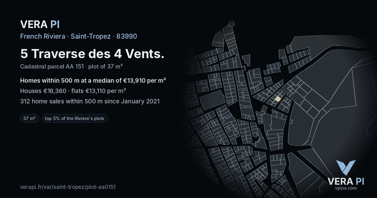 5 Traverse des 4 Vents, Saint-Tropez at night – the plot lit, the parcels around coloured by the prices near them