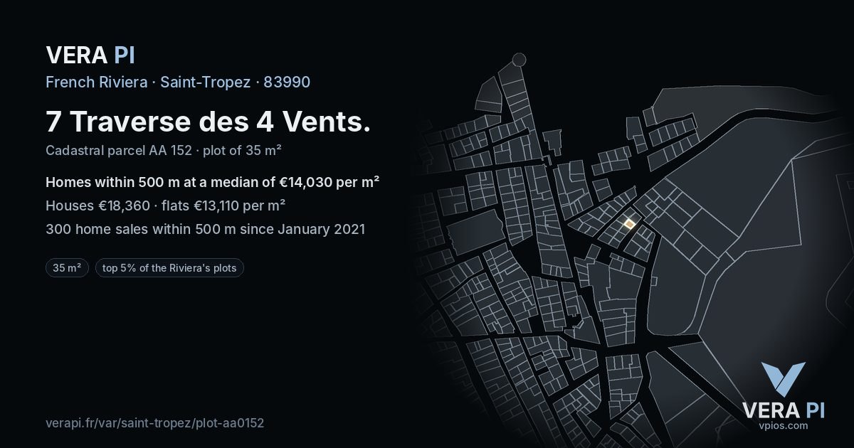 7 Traverse des 4 Vents, Saint-Tropez at night – the plot lit, the parcels around coloured by the prices near them