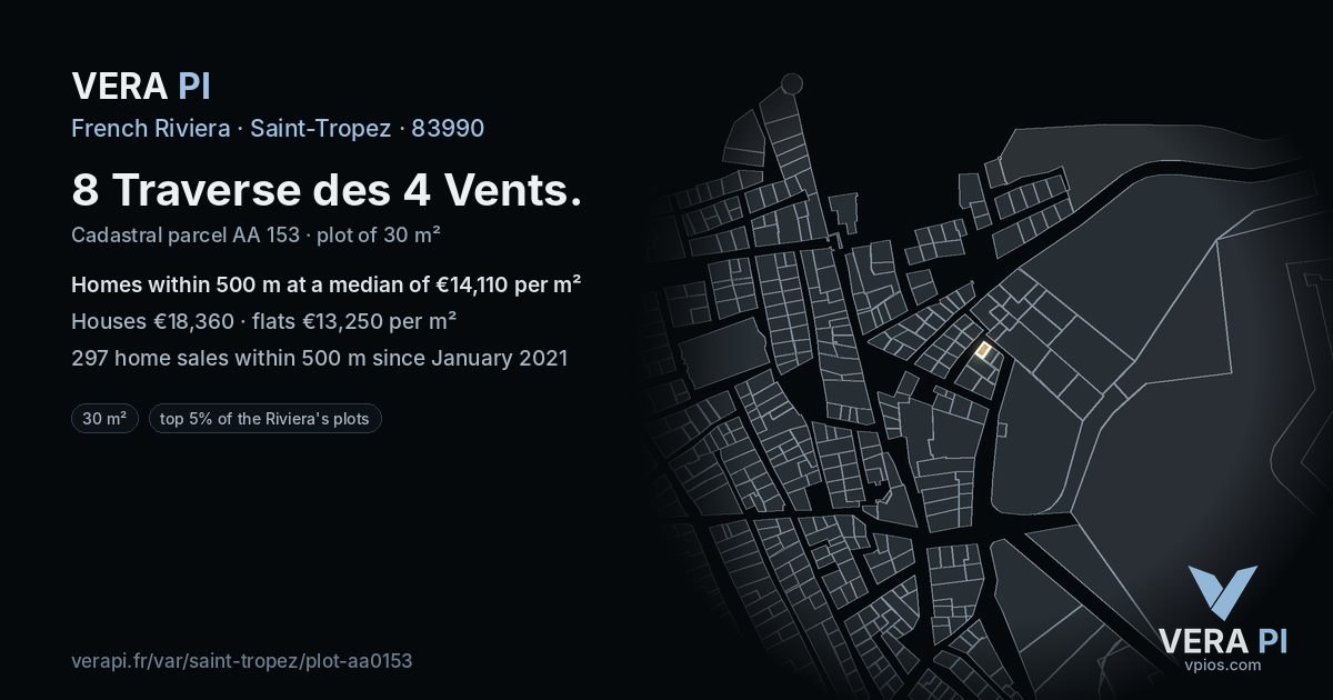 8 Traverse des 4 Vents, Saint-Tropez at night – the plot lit, the parcels around coloured by the prices near them