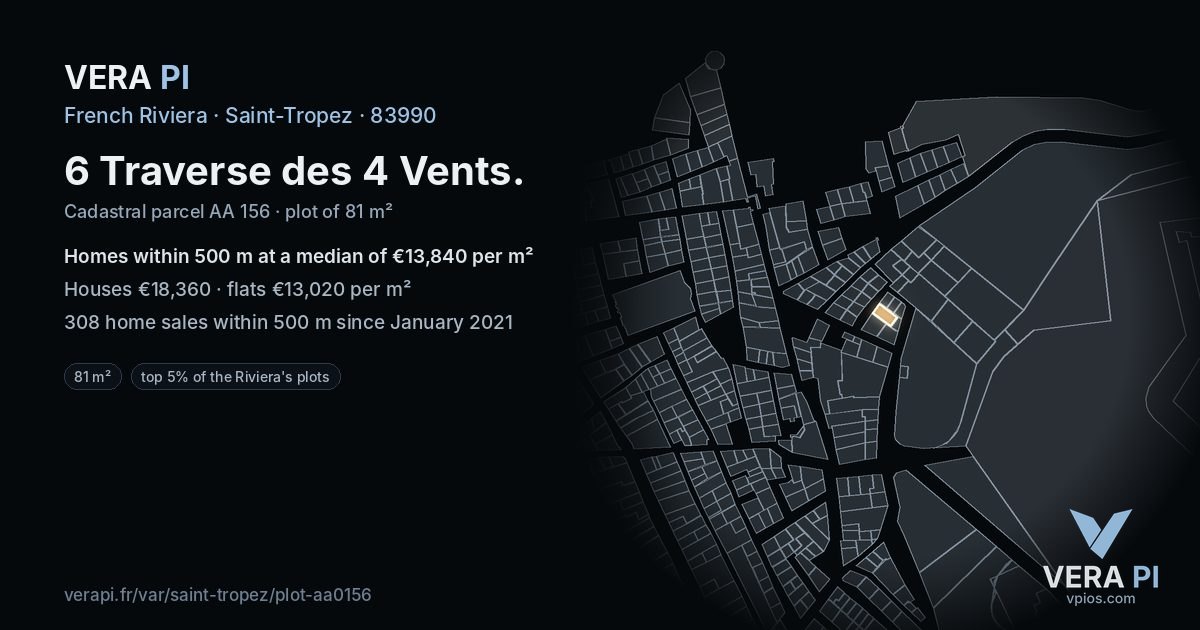 6 Traverse des 4 Vents, Saint-Tropez at night – the plot lit, the parcels around coloured by the prices near them