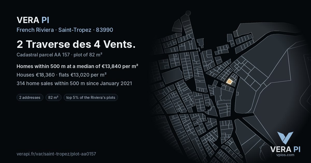 2 Traverse des 4 Vents, Saint-Tropez at night – the plot lit, the parcels around coloured by the prices near them