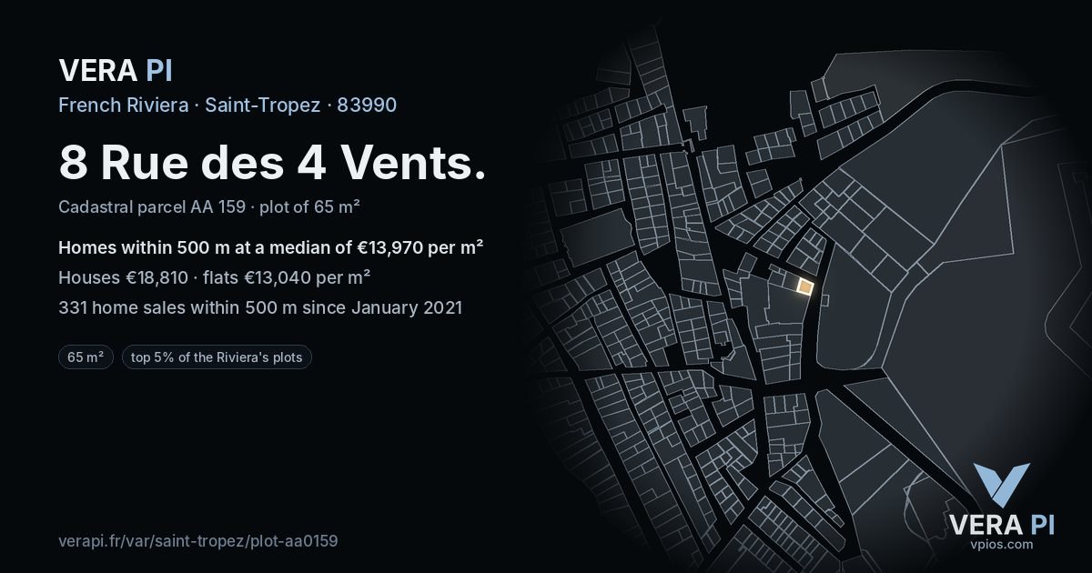 8 Rue des 4 Vents, Saint-Tropez at night – the plot lit, the parcels around coloured by the prices near them