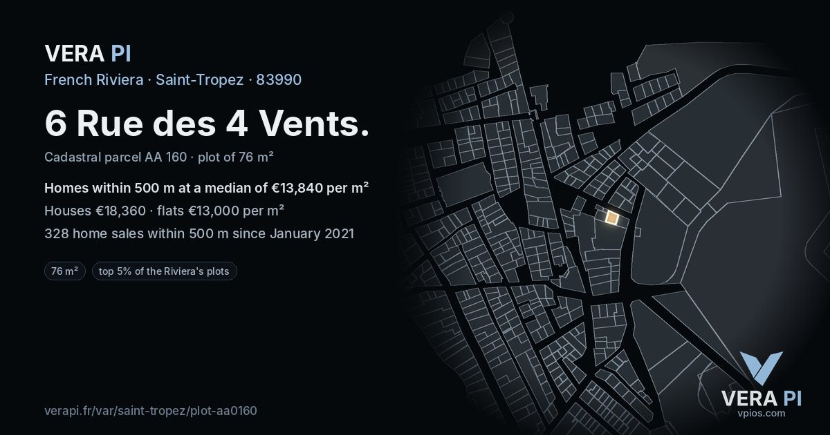6 Rue des 4 Vents, Saint-Tropez at night – the plot lit, the parcels around coloured by the prices near them