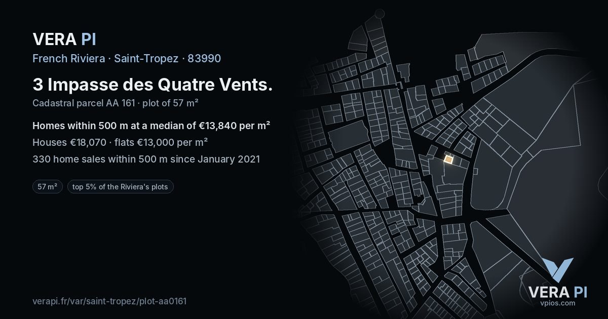 3 Impasse des Quatre Vents, Saint-Tropez at night – the plot lit, the parcels around coloured by the prices near them