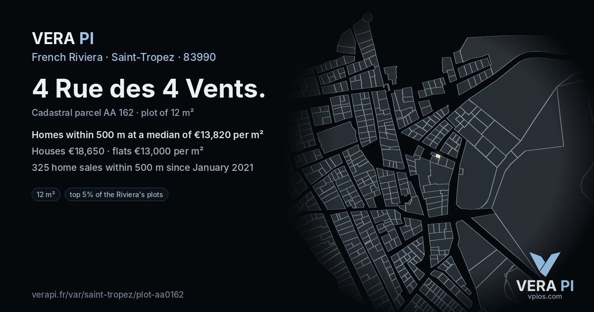 4 Rue des 4 Vents, Saint-Tropez at night – the plot lit, the parcels around coloured by the prices near them