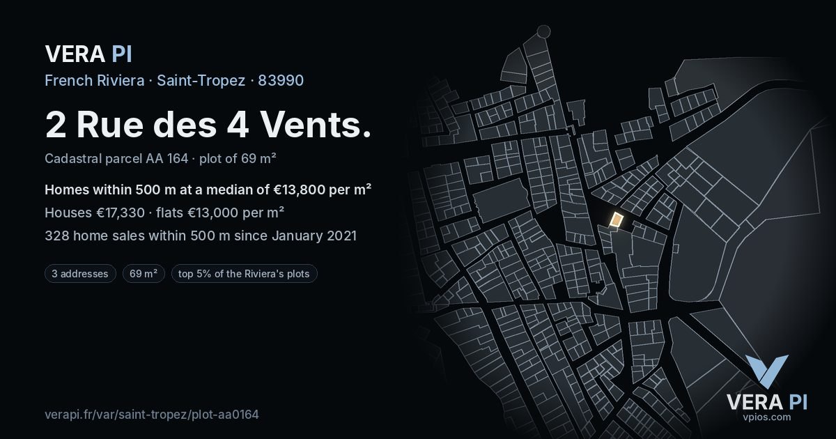 2 Rue des 4 Vents, Saint-Tropez at night – the plot lit, the parcels around coloured by the prices near them