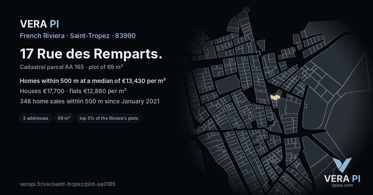 17 Rue des Remparts, Saint-Tropez at night – the plot lit, the parcels around coloured by the prices near them