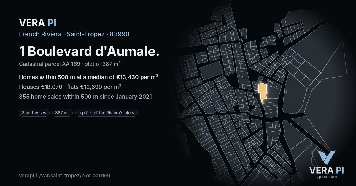 1 Boulevard d'Aumale, Saint-Tropez at night – the plot lit, the parcels around coloured by the prices near them