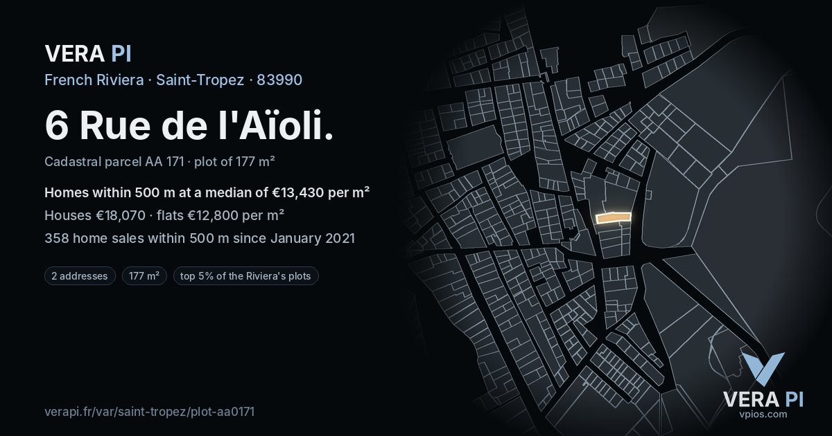 6 Rue de l'Aïoli, Saint-Tropez at night – the plot lit, the parcels around coloured by the prices near them