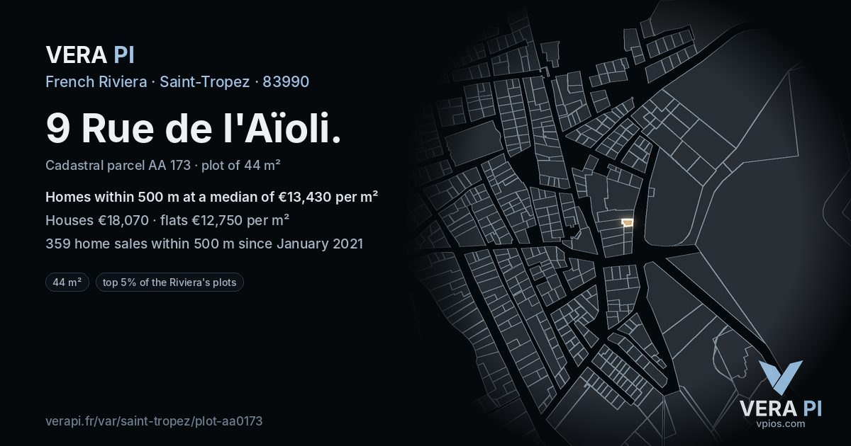 9 Rue de l'Aïoli, Saint-Tropez at night – the plot lit, the parcels around coloured by the prices near them